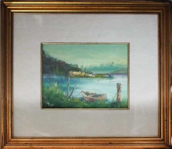 quadro, olio su tela - Barca,  paesaggio Lago