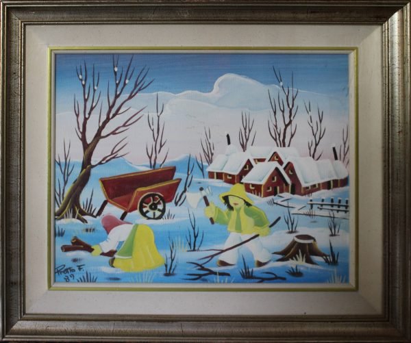 quadro, vita rurale sulla neve - dipinto su tela