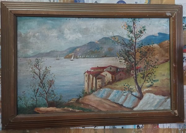 Quadro paesaggio lacustre, olio su cartoncino telato