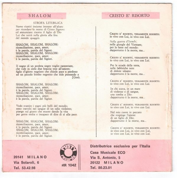 Don Giacomo, don Innocenzo e coro  Shalom (lato a); Cristo è risorto (lato b)  45 giri - immagine 2