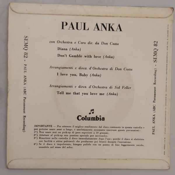 Paul Anka  Diana- Don't gamble with love(lato a);  I love You , Baby- Tell me that You love Me(lato b)  45giri - immagine 2
